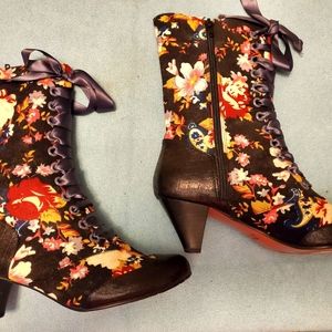 Irregular Choices mid-calf, floral print, black boots with kit heel.